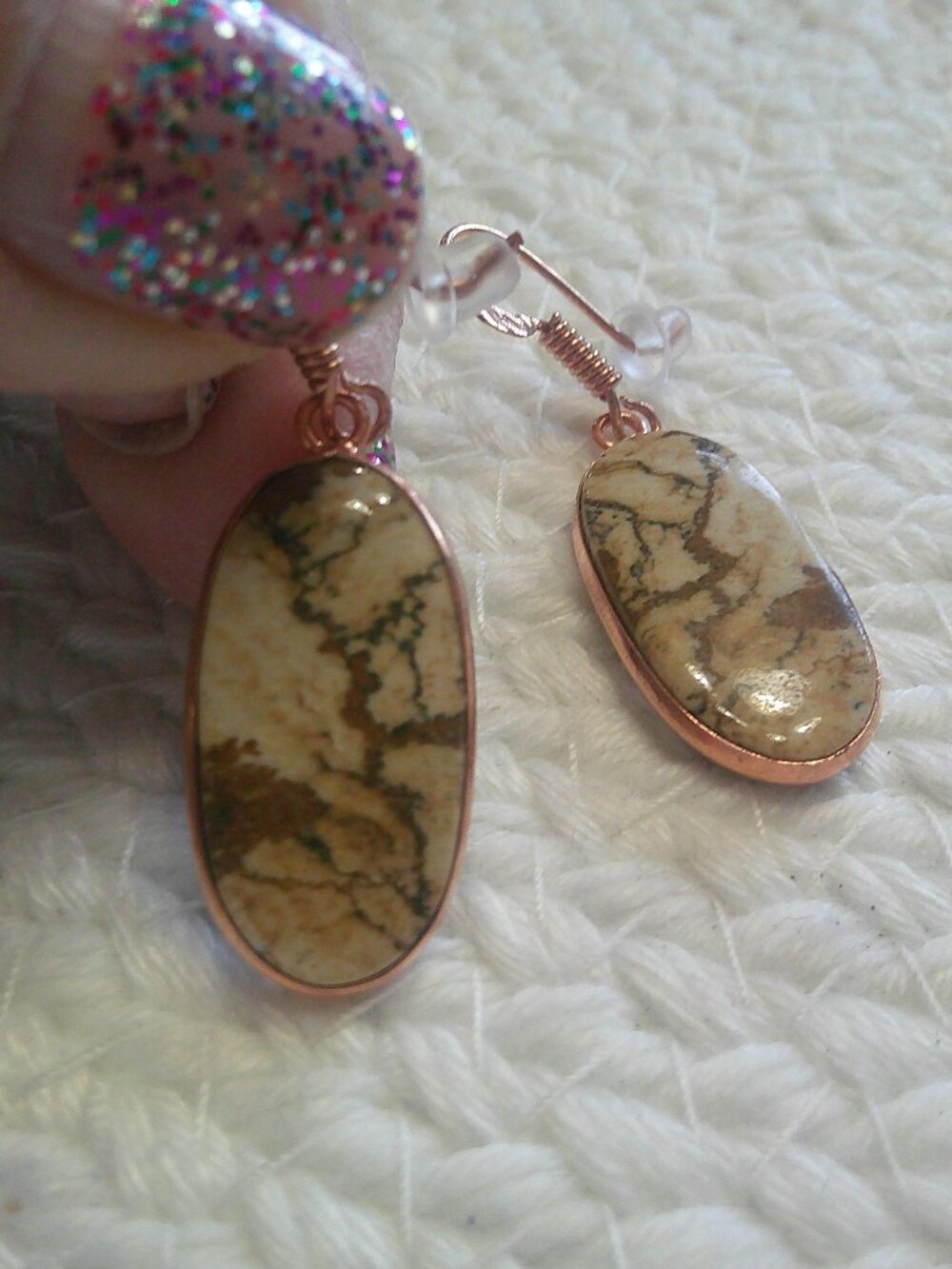 Natural PICTURE JASPER Handmade Copper Dangle Earrings #358F